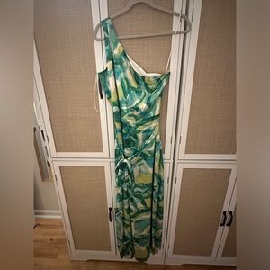 Nicole Miller one shoulder silky dress with tie at waist